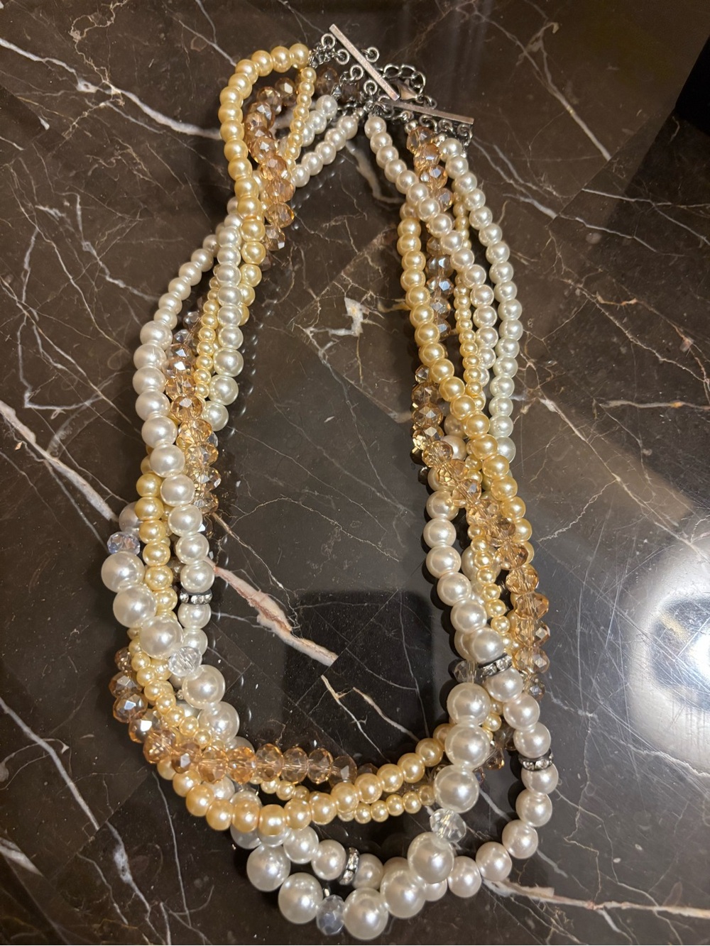 Multi-Strand Pearl and Crystal Necklace - Gold & White